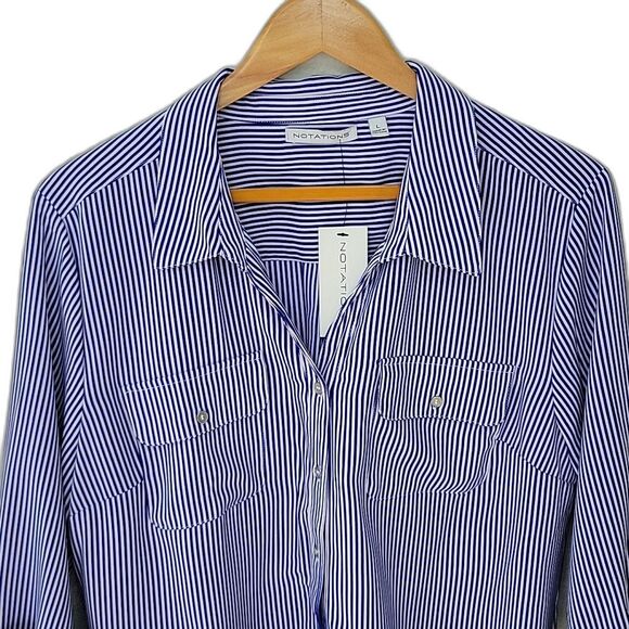 Notations Blue White Striped Long Sleeve Button Down Blouse size L Roll Tab NWT - Picture 3 of 12